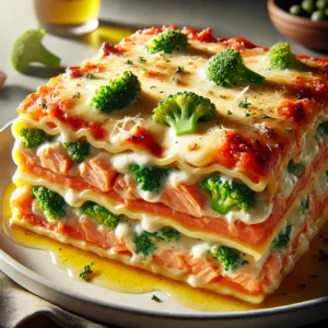 Lasagna with salmon and broccoli