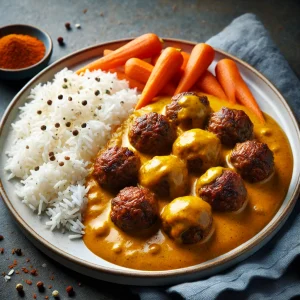 Meatballs in Curry Sauce with Basmati Rice and Carrots