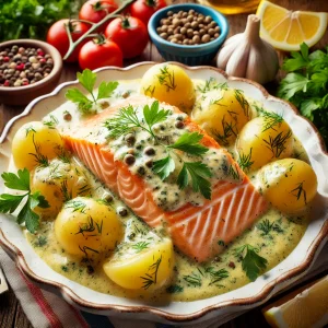 Salmon with potatoes in lemon sauce