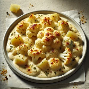 Baked cauliflower with potatoes in cream sauce