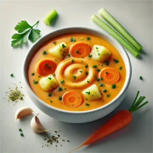 Carrots soup with potatoes and herbs