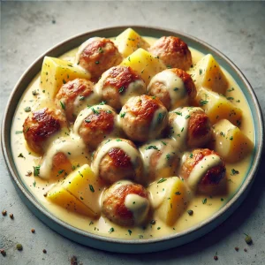 Chicken meatballs with potatoes in cream sauce