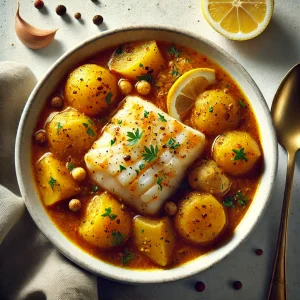 Cod stew with potatoes in indian spices