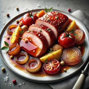 Porkloin with potatoes in sweet and sour sauce