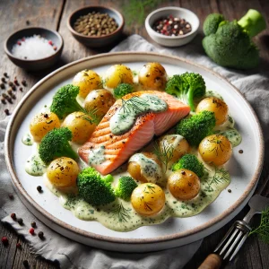 Salmon with potatoes in dill sauce