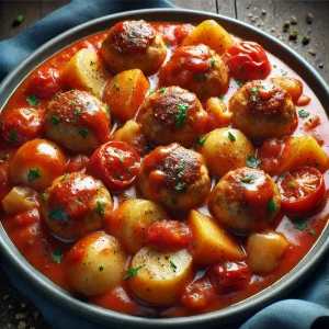 Chicken meatballs with potatoes in tomato sauce