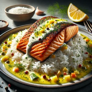 Salmon with rice in lemon sauce